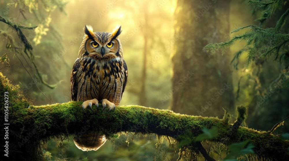 Obraz premium A majestic owl perched on a moss-covered branch in a dense forest, its golden eyes piercing through the twilight.