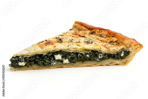 A single slice of Greek spanakopita with spinach and feta filling on a white background. 