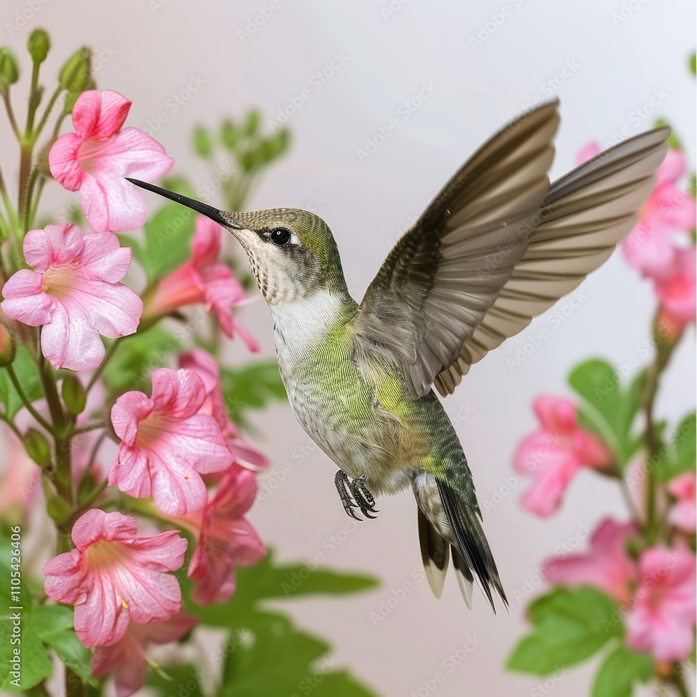 Fototapeta premium Hummingbird flying with pink flowers on white background