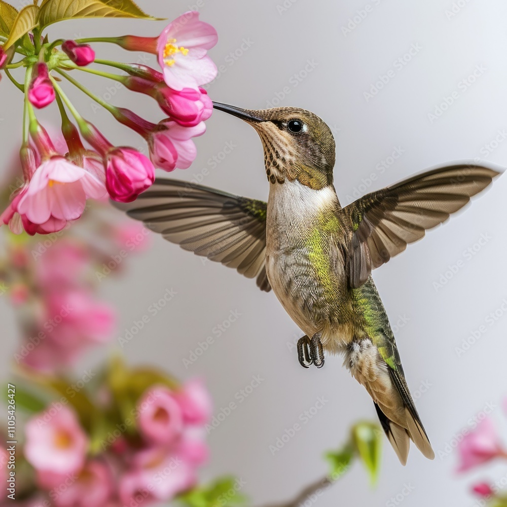 Hummingbird flying with pink flowers on white background Hummingbird flying with pink flowers on white background