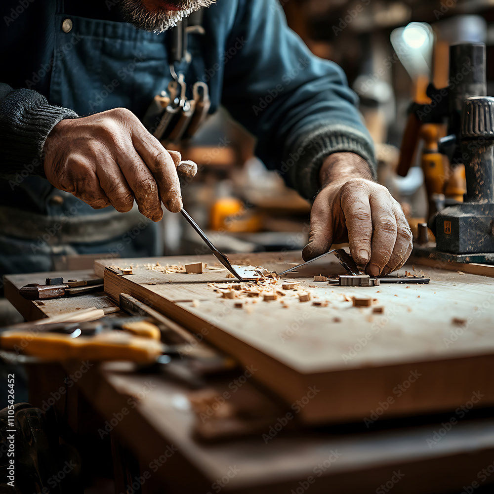 Skilled Craftsman Carving Wood in Workshop Skilled Craftsman Carving Wood in Workshop