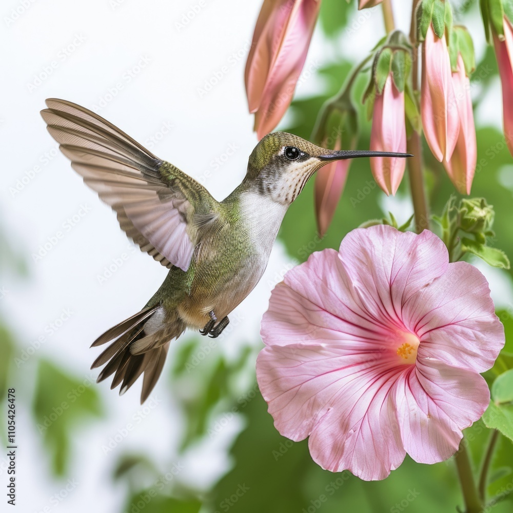 Fototapeta premium Hummingbird flying with pink flowers on white background