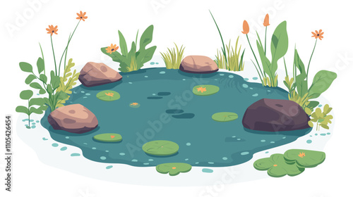 Small blue decorative pond isolated on white, lake plants nature landscape fishing place. Natural swamp outdoor scene. Scenery of natural pond with flower bloom. Vector graphic design