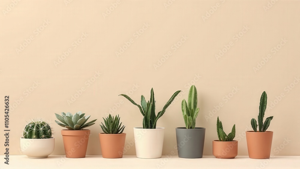 Generative AI, Minimalist Arrangement of Potted Cacti and Succulents in Soft Lighting Generative AI, Minimalist Arrangement of Potted Cacti and Succulents in Soft Lighting