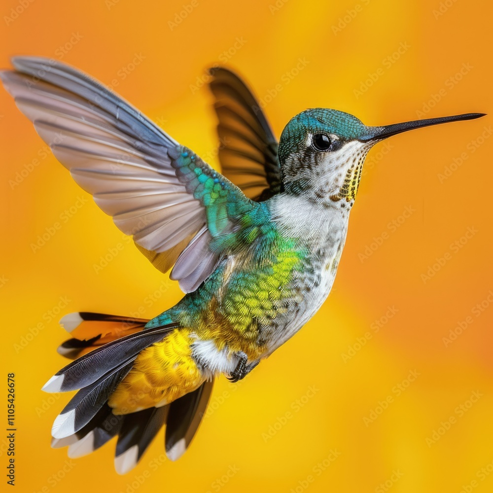 Fototapeta premium Hummingbird isolated with yellow background