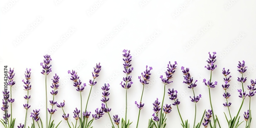 Naklejka premium Lavender flowers arranged on a white background highlight the beauty of flowers and plants, showcasing the delicate shades and textures found in lavender flowers and the floral world.