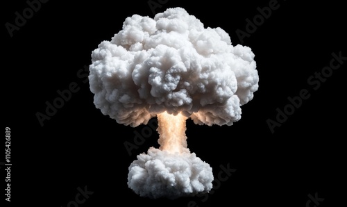 Isolated mushroom cloud from a nuclear explosion billowing upward with glowing white-hot core and dark ash clouds on a stark black background  photo