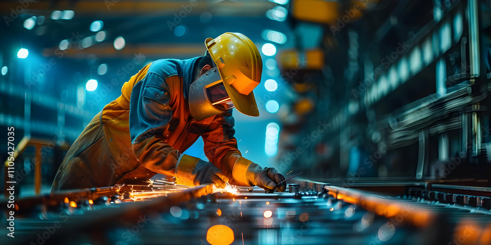 Industrial Worker Performing Metal Welding in Factory Setting with Sparks Flying Industrial Worker Performing Metal Welding in Factory Setting with Sparks Flying