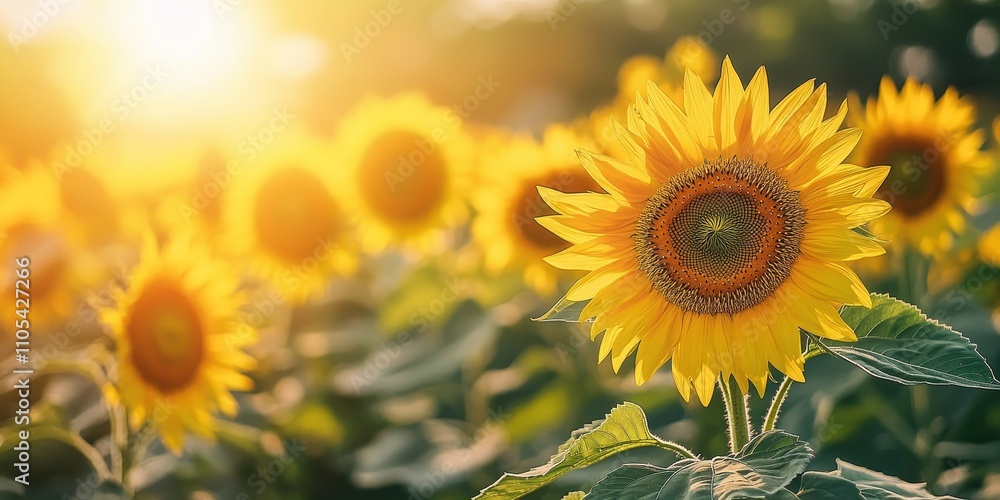 Obraz premium Vibrant sunflowers bloom in a rural field, beautifully illuminated by bright sunlight, showcasing the stunning colors and lively nature of sunflowers in their natural environment.