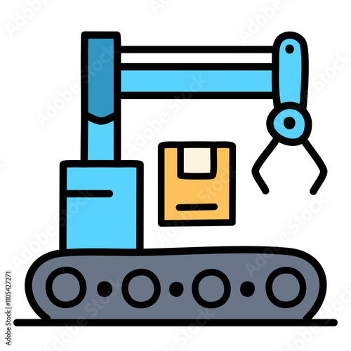 Industrial robot arm line icon. Blue Crane machine vector illustration, flat design.