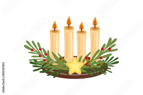 Christmas advent candles with greenery, berries, and star illustration