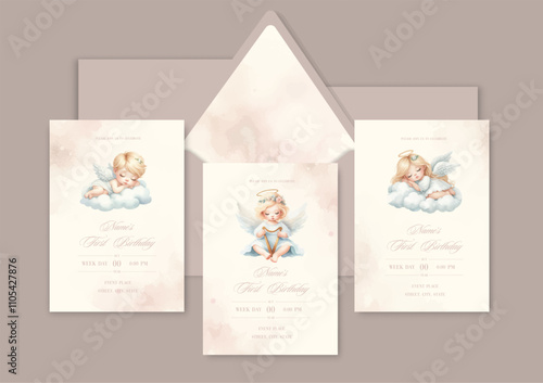 First birthday watercolor Invitation Template card with newborn blond baby angel with wings.