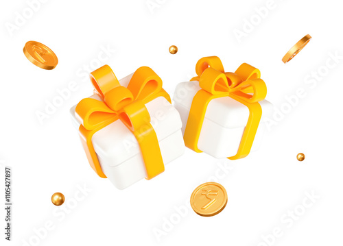 3d white gift box with yellow ribbon and flying gold Indian rupees coins and balls. Stock vector illustration on isolated background.