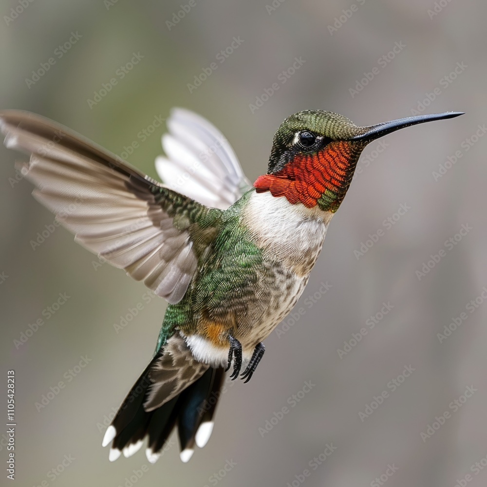 Fototapeta premium Ruby throated Hummingbird hovering looking at the viewer; isolated on white