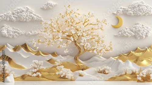 Golden tree with white flowers decorates 3D mural wallpaper. Mountains, clouds add depth, dimension to scene. Image evokes peaceful, elegant aesthetic. Perfect for home decor, interior design