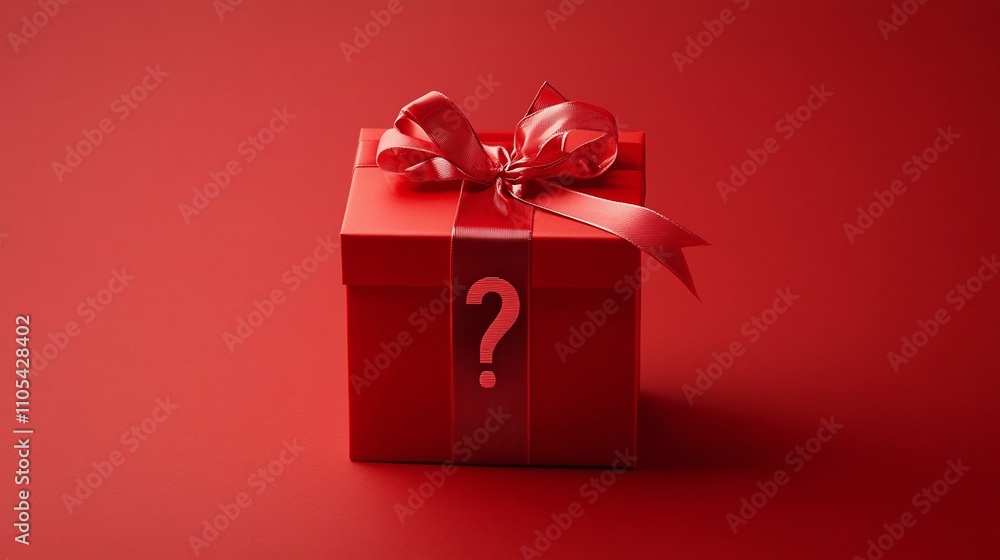Obraz premium A shiny red gift box with a ribbon and a question mark, symbolizing mystery and surprise.