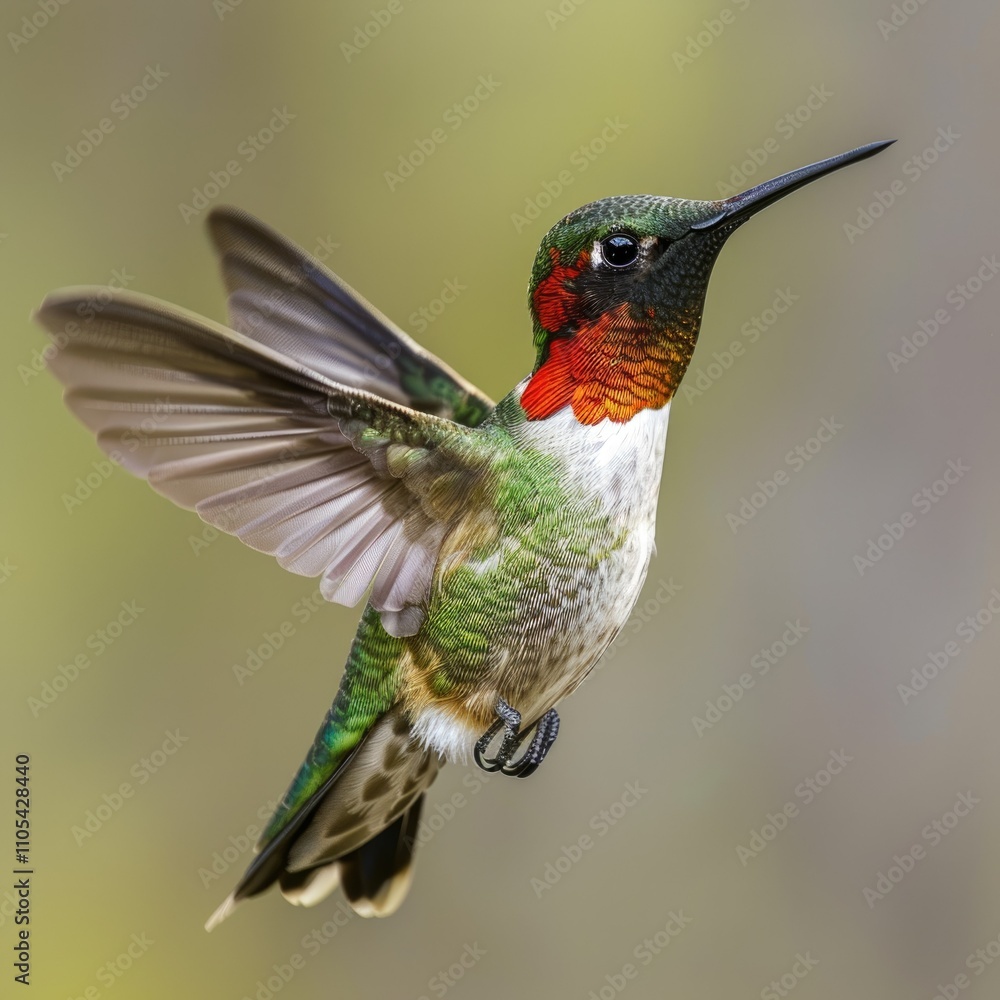 Fototapeta premium Male Ruby throated hummingbird flying.