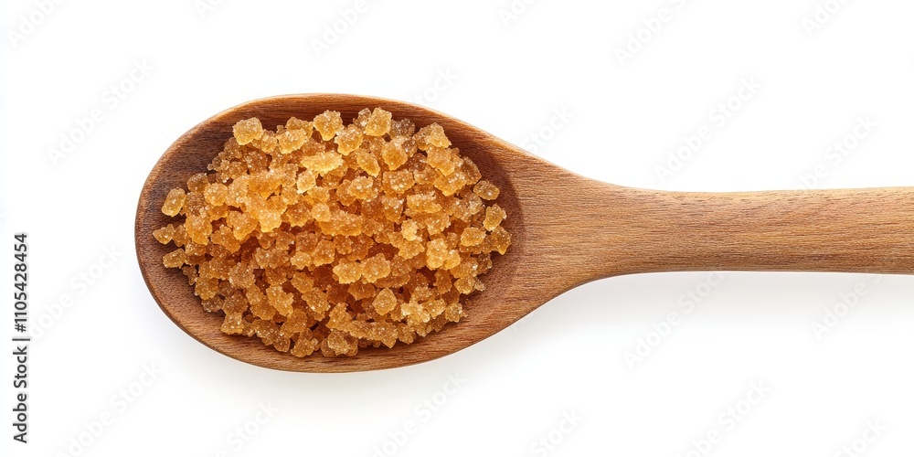 Brown sugar displayed in a wooden spoon against a white background, emphasizing the rich color and texture of brown sugar in a natural setting, highlighting its culinary versatility. Brown sugar displayed in a wooden spoon against a white background, emphasizing the rich color and texture of brown sugar in a natural setting, highlighting its culinary versatility.