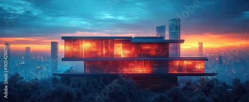 futuristic smart home design set against a backdrop of highrise buildings featuring holographic elements that illustrate advanced architecture and technology in a bluetoned environment photo