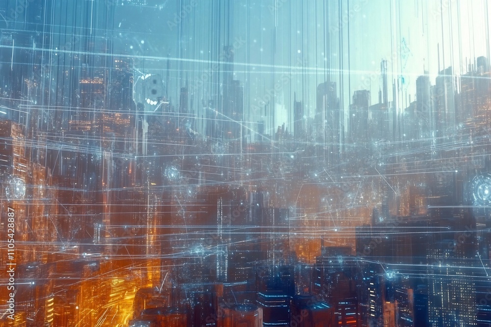 Fototapeta premium Futuristic Cityscape with Illuminated Skyscrapers and Reflective Surfaces in a Blurred Abstract