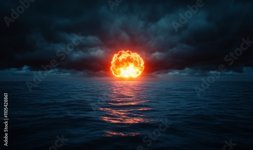 Silent nuclear detonation over a vast ocean, with orange fireball reflecting on the water and dark clouds rising to engulf the horizon 