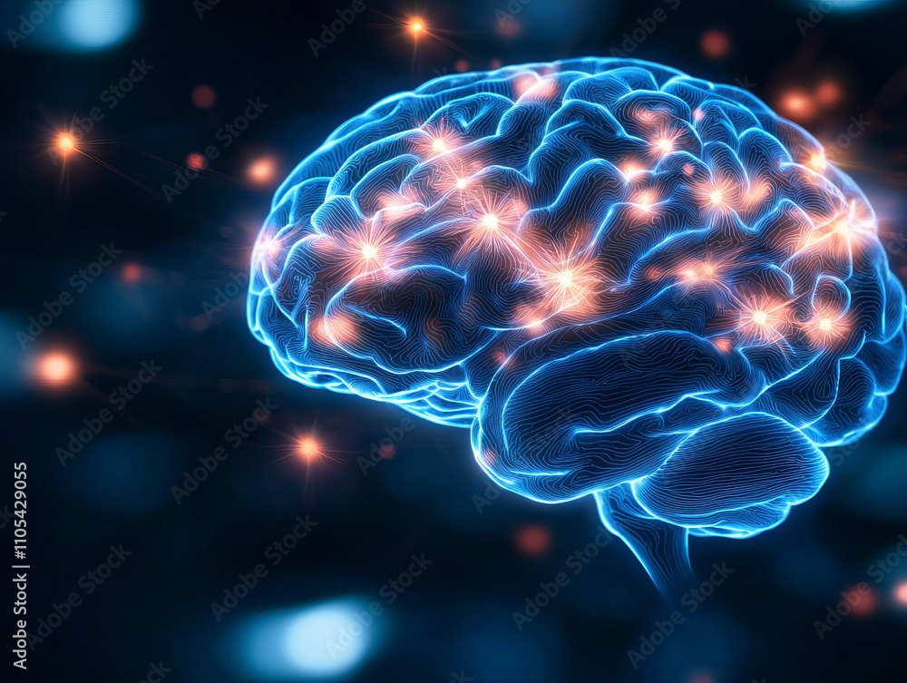 glowing digital illustration of brain with vibrant neural connections, showcasing complexity and beauty of human cognition. image highlights intricate network of neurons glowing digital illustration of brain with vibrant neural connections, showcasing complexity and beauty of human cognition. image highlights intricate network of neurons