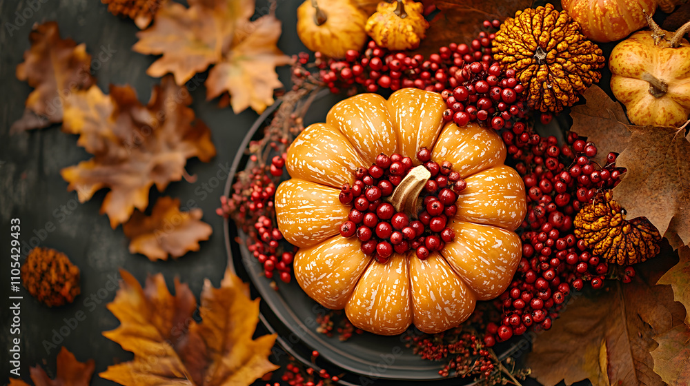 A Close-Up View of an Orange Pumpkin Decorated with Red Berries and Surrounded by Autumn Leaves on a Dark Background A Close-Up View of an Orange Pumpkin Decorated with Red Berries and Surrounded by Autumn Leaves on a Dark Background