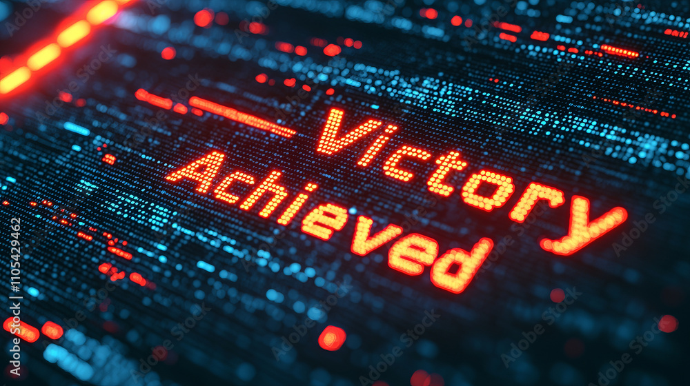 digital display with words Victory Achieved glowing in red, surrounded by matrix of blue and red lights, symbolizes success and accomplishment in high tech environment digital display with words Victory Achieved glowing in red, surrounded by matrix of blue and red lights, symbolizes success and accomplishment in high tech environment