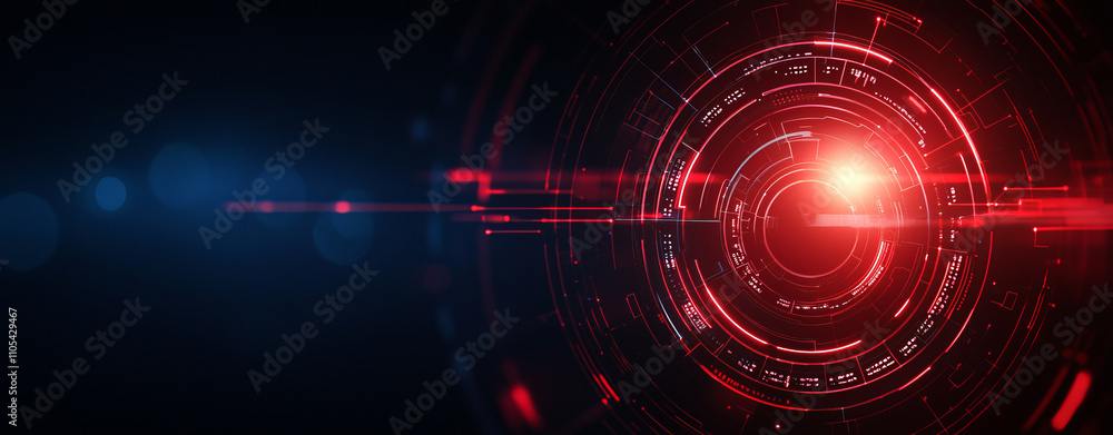 Fototapeta premium futuristic digital interface with glowing red circular elements and highlighted intersections on dark background, creating high tech and dynamic visual effect
