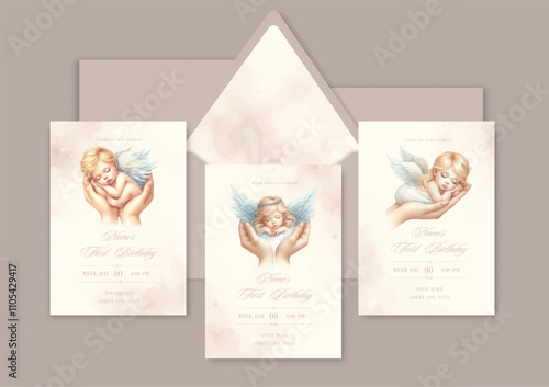 First birthday watercolor Invitation Template card with newborn blond baby angel sleeps sweetly in mothers palms.