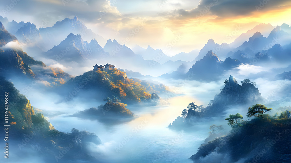 Serene Mountaintop Temples Enveloped in Mist, Tranquil Lake Reflecting Golden Sunrise Serene Mountaintop Temples Enveloped in Mist, Tranquil Lake Reflecting Golden Sunrise