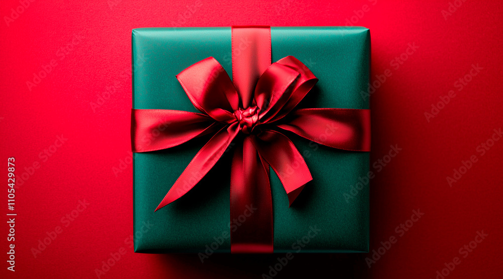 A beautifully wrapped green gift box with a vibrant red ribbon on a red background, perfect for Christmas or special occasions. top view A beautifully wrapped green gift box with a vibrant red ribbon on a red background, perfect for Christmas or special occasions. top view