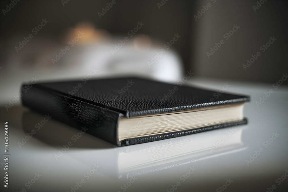 Black book tilted on white surface, textured cover highlighted by subtle light Black book tilted on white surface, textured cover highlighted by subtle light