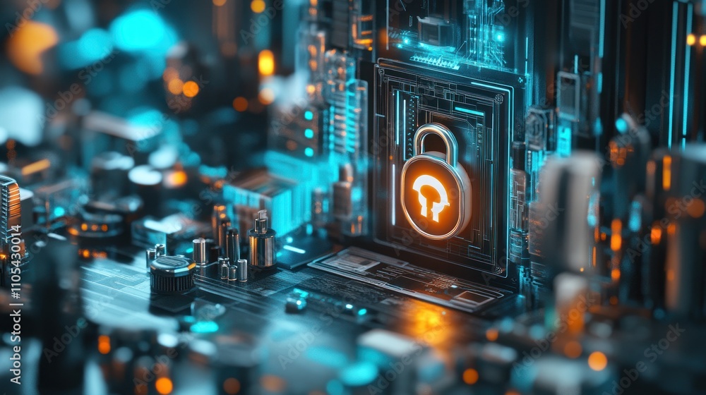 Futuristic digital lock on circuit board, cybersecurity concept. Futuristic digital lock on circuit board, cybersecurity concept.