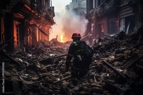 silhouette rescuer on ruins building photo