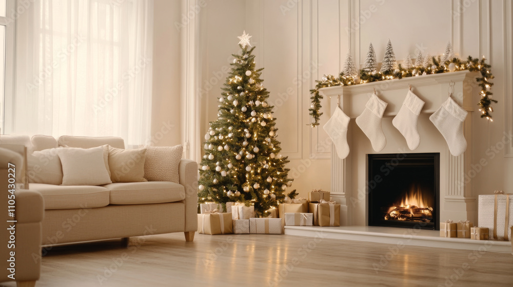 Fototapeta premium Cozy living room with Christmas tree and fireplace, perfect for holidays