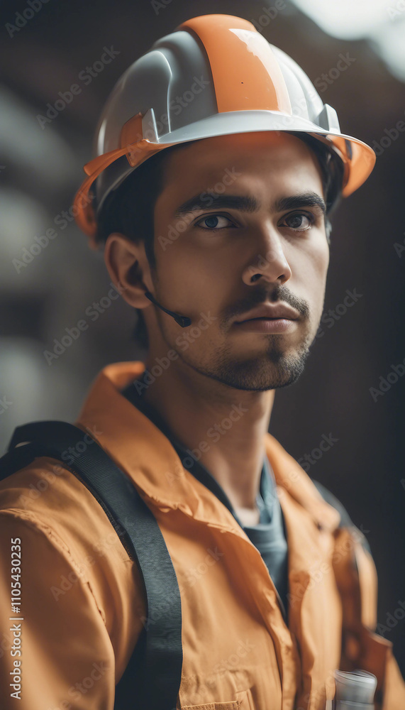 Young Hispanic worker in safety gear looking sideways with doubtful and skeptical expression vertica Young Hispanic worker in safety gear looking sideways with doubtful and skeptical expression vertica