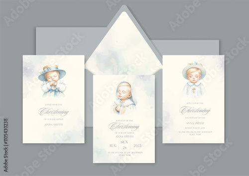 Watercolor Invitation Template card with newborn blond baby sacrament of baptism.