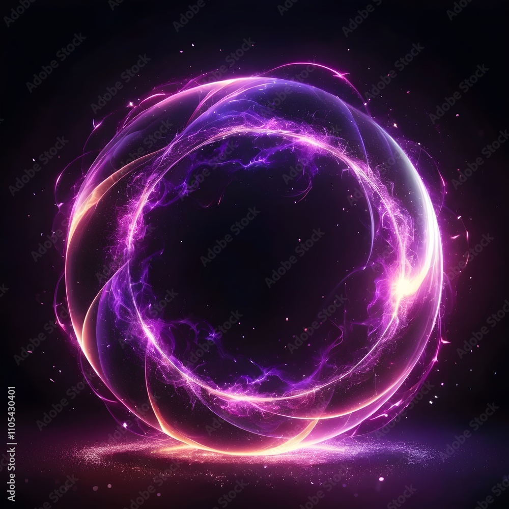 Abstract neon energy sphere of particles and waves of magical glowing on a dark background, circle and loop frames with magic purple and pink flame and sparks Abstract neon energy sphere of particles and waves of magical glowing on a dark background, circle and loop frames with magic purple and pink flame and sparks