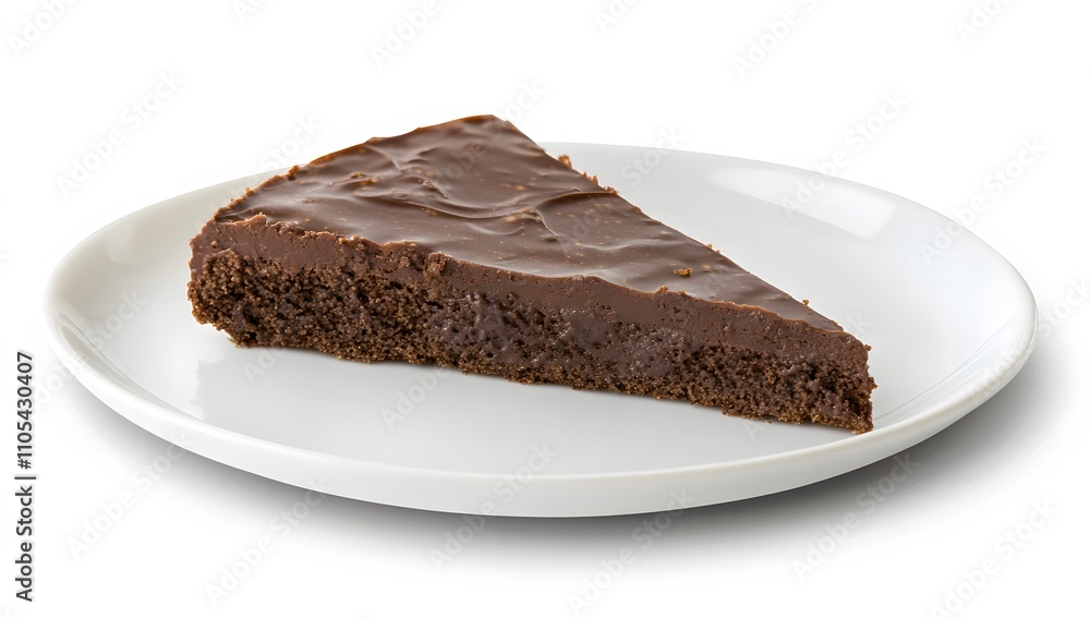 A decadent slice of chocolate cake, rich in color and texture, sits on a simple white plate. A decadent slice of chocolate cake, rich in color and texture, sits on a simple white plate.