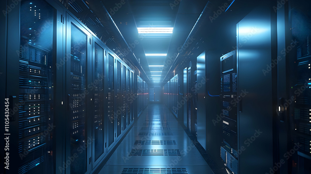 Fototapeta premium 3D Render of a Futuristic Server Room Corridor with Illuminated Racks, showcasing advanced technology infrastructure.