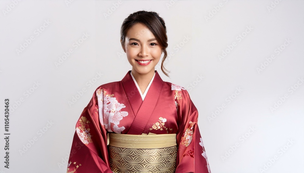 赤い着物に金色の帯を付けた笑顔の日本人女性。AIで生成 赤い着物に金色の帯を付けた笑顔の日本人女性。AIで生成