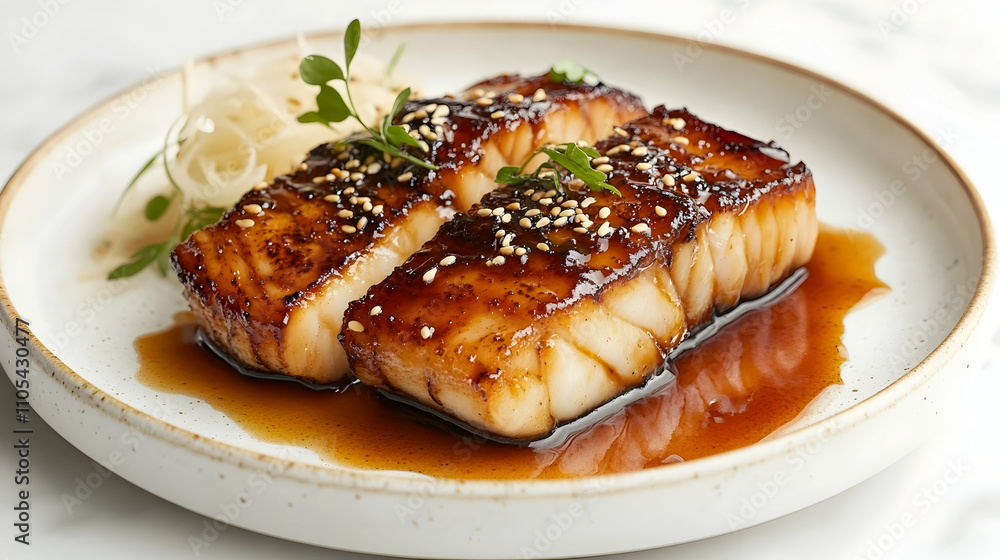 Miso Black Cod with Pickled Daikon and Dashi Broth, Japanese Fine Dining Photography Miso Black Cod with Pickled Daikon and Dashi Broth, Japanese Fine Dining Photography