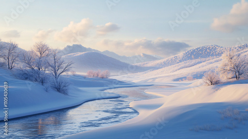 Snow-covered hills and a frozen river winding through a silent landscape.