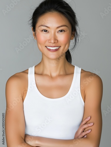 Fitness enthusiast posing studio portrait neutral background confident vibe