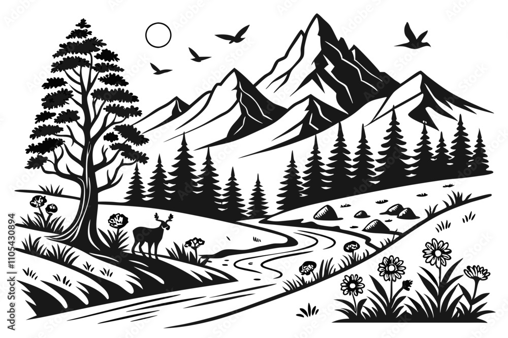 Fototapeta premium Scenic Nature Landscape Coloring Pages with Intricate Details