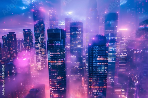 Vibrant city skyline filled with towering skyscrapers glowing in neon colors. A mysterious fog envelops the area, creating an enchanting atmosphere during twilight hours