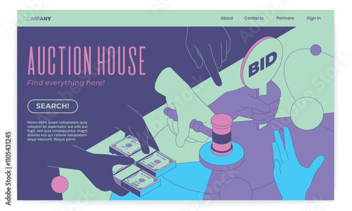 Colorful Auction House Illustration with Search Bar