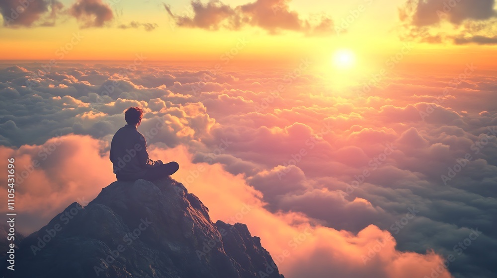A solo traveler enjoying a sunrise from a high mountain peak, clouds below forming a sea of white, crisp cold air visible in their breath, meditative and empowering aesthetic A solo traveler enjoying a sunrise from a high mountain peak, clouds below forming a sea of white, crisp cold air visible in their breath, meditative and empowering aesthetic