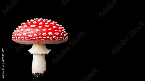 A vibrant red mushroom with white spots, standing alone against a black background, showcasing its unique and striking appearance.